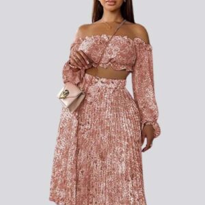 Off Shoulder lattern Crop Top & Pleated Skirt Piece Set